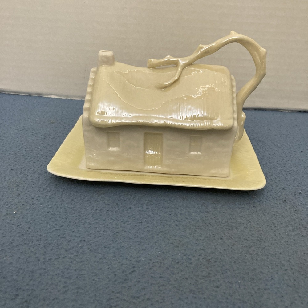 Belleek Irish Fine Parian Porcelain Yellow Cottage House Butter/Cheese Dish